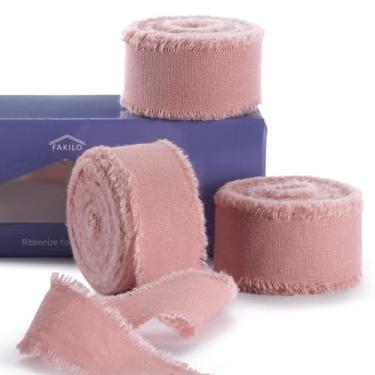 Imagem de FAKILO Fita de algodão rústico natural com borda desgastada, fita 100% algodão rosa empoeirado 2,5 cm x 18 m para buquês de casamento vintage, convites, chá de bebê, embrulho de presente, artesanato