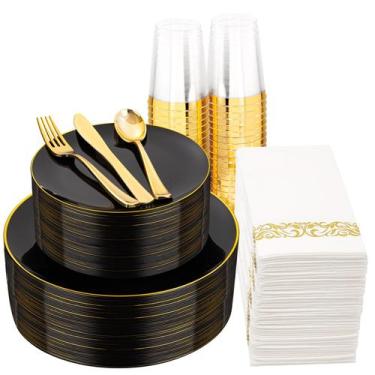 Imagem de Conjunto de louças Supernal Black & Gold 350 unidades com talheres