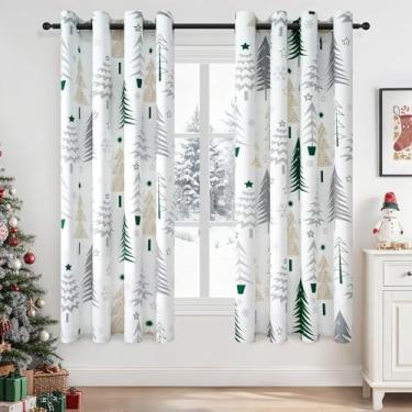 Imagem de Topfinel Cortinas blackout verdes de 160 cm de comprimento para sala de estar, decorações de festas e festas com padrão de estrelas e árvores cortinas elegantes para quarto cortinas de janela pequena