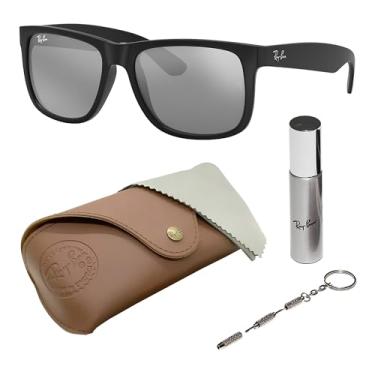 Imagem de Ray-Ban RB4165 JUSTIN COLOR MIX Óculos de sol quadrados para homens e mulheres com kit oficial de óculos RAYBAN, Armação preta de borracha fosca | Lente prateada espelhada cinza, 51 mm