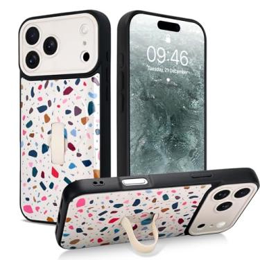 Imagem de SAKUULO Capa magnética para iPhone 17 Pro com alça de dedo para suporte, estampa de terrazzo creme para mulheres e homens, capa de proteção reforçada, creme Terrazzo (6,3 polegadas)