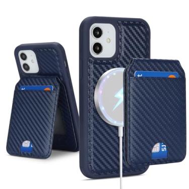 Imagem de Havaya Capa carteira compatível com MagSafe para iPhone 12 e 12 Pro - Capa magnética 2 em 1 destacável, fibra de carbono texturizada, com compartimentos para cartões e carregamento sem fio - azul