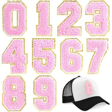 Imagem de HINZIC 10 peças de adesivos numéricos passados a ferro, 0-9 números chenille costurados em bordado aplique para roupas time universitário jérsei rúgbi esportes futebol vôlei jaqueta - rosa