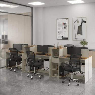 Imagem de Estação De Trabalho 6 Lugares Office Tech 6 Mesas 4 Armários - Off White E Cedro Off White E Cedro