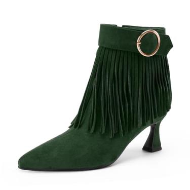 Imagem de Perisis Botas femininas com franjas, salto gatinho, preto, bico fino, camurça, cano curto, com zíper lateral, Verde escuro, 36