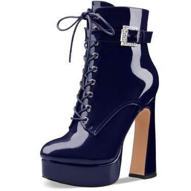 Imagem de Perisis Bota feminina preta de cano curto plataforma com cadarço salto alto grosso fechado bico redondo com zíper lateral e fivela de alça para mulheres sexy e fofas, Patente azul marinho, 36