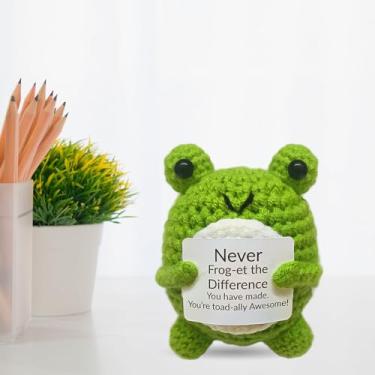 Imagem de Sapo de incentivo de Natal, presente de crochê à mão para professor colega chefe enfermeira, decoração de mesa motivacional para temporada de férias