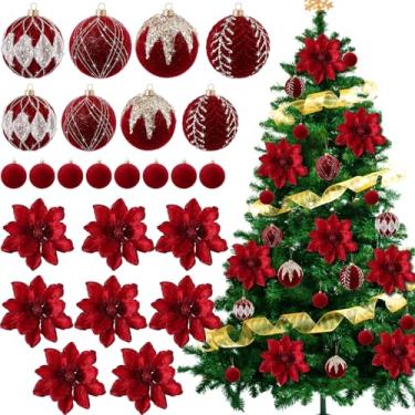 Imagem de Yuxung Conjunto de 24 peças de decorações de árvore de Natal inclui decoração de flores artificiais de poinsétia com glitter de 15 cm e enfeites de bolas de Natal flocadas para guirlanda de Natal