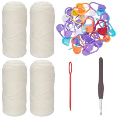 Imagem de FREEBLOSS 4 rolos de fio de camiseta branca 800 g/300 metros de fio elástico para sacos de crochê, cestas, chinelos, porta-copos com marcadores de gancho de crochê e agulha de plástico