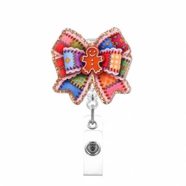 Imagem de 1 carretel de crachá de Natal para homem de gengibre retrátil, suporte de crachá com laço e clipe giratório, material de escritório para enfermeira, médica, trabalhadora, presente de Natal