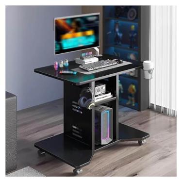 Imagem de Mesa de computador, mesa de escrita com painel lateral de metal, prateleira de armazenamento de camada dupla, mesa de estudo, roda universal de 360°, pegada pequena para quarto, sala de estar