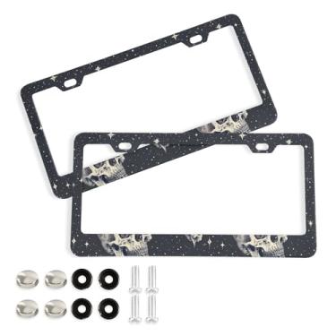 Imagem de SEHANY Molduras de placa de carro vintage rosa crânio, capas de alumínio à prova de ferrugem com furos elípticos e parafusos serve para veículos padrão dos EUA tamanho acessórios de carro para