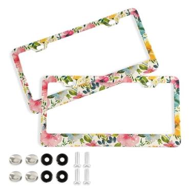 Imagem de SEHANY Molduras de placa de licença de flores florais coloridas, capas de moldura de placa de carro de alumínio à prova de ferrugem com orifícios elípticos e parafusos serve para veículos padrão dos