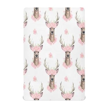 Imagem de Qilmy Lençóis de berço de Natal com flores de veado, macio, respirável e elástico, lençol com elástico para meninos e meninas, miniberço, 99 x 68,5 cm, capa de colchão infantil portátil