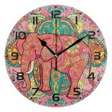 Imagem de JUZIHAI Relógio de parede Paisley flor elefante silencioso, sem tique-taque, relógios de parede redondos operados por bateria, fácil de ler, relógio decorativo de parede para casa, cozinha, sala de