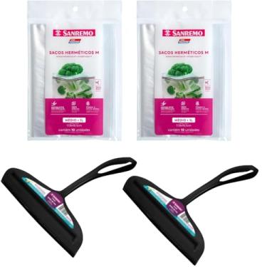 Imagem de Conjunto de 2 Rodo Plástico Multiuso Preto com Raspador 18cm + 2 Saco Abre e Fecha Hermético de 1 Litro