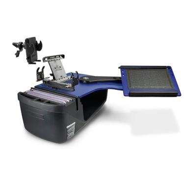 Imagem de AutoExec Alcance o banco traseiro da mesa lado esquerdo para a estação de trabalho do seu veículo e escritório móvel, azul, com suporte para impressora, suporte para tablet e clipe de ventilação do