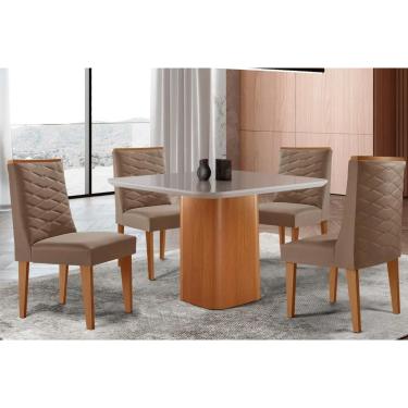 Imagem de Sala Jantar Mesa Maldivas Tampo c/ Vidro Curvo 90cm+4 Cadeiras Dafne Madeira Naturale/Off White - Capuccino/Suede Capuccino - Rufato