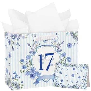 Imagem de WRAPAHOLIC Saco grande de presente de aniversário de 17 anos de 33 cm com cartão e papel de seda - Sacos de papel com emblema floral listrado azul para aniversário de 17 anos e festa de lembrança