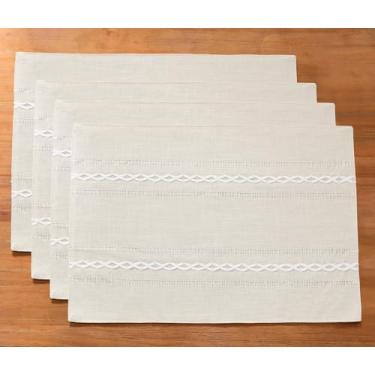 Imagem de Wracra Jogo americano de linho de algodão, 35 x 48 cm, conjunto de 4 descansos americanos rústicos com bainha para mesa de cozinha e resistente ao calor - marfim