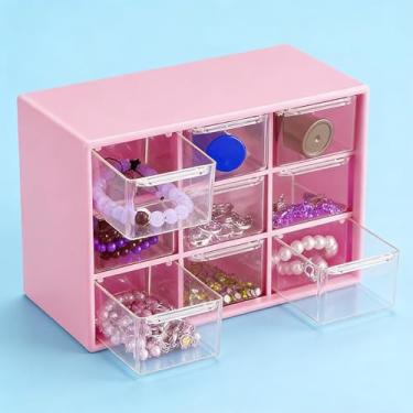 Imagem de Caixa organizadora de mesa com nove compartimentos caixa de armazenamento de gaveta de plástico para armazenamento, ferramentas, contas, cosméticos, escritório e artesanato, rosa