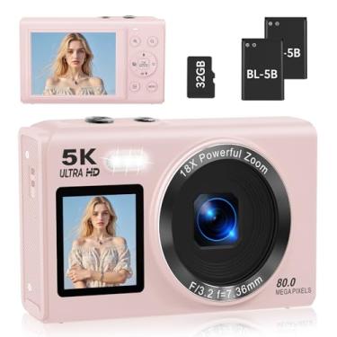 Imagem de Câmera digital 5K de tela dupla para vlogging com luz de preenchimento - 80MP, zoom 16X, WiFi, YouTube/Blogging, inclui cartão de 32 GB e 2 baterias (X9-Preto)