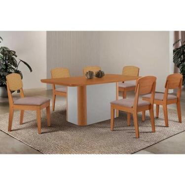 Imagem de Conjunto: Mesa Sala Jantar Pietá Tampo Curvo 180cm+6 Cadeiras Havana Naturale/Off White - Linho Capuccino - Rufato