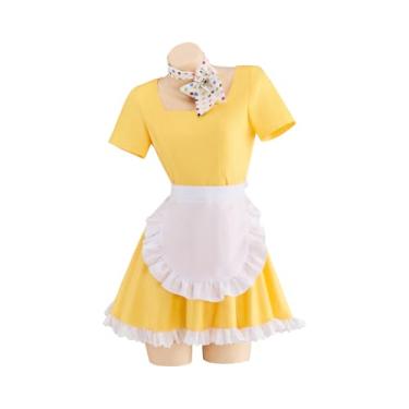Imagem de Diajosa cos Fantasia de garçonete musical cosplay amarelo uniforme de empregada com avental cachecol para mulheres adultas, Amarelo, 3G