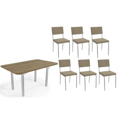 Imagem de Conjunto: Mesa Sala Jantar Elba C- Tampo De Madeira 160cm E 6 Cadeiras Zaria Cromada-nogueira - Boucle Bege - Kappesberg