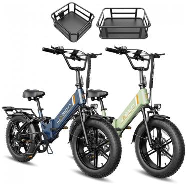 Imagem de Kit 2 bicicletas elétricas dobráveis Jasion X-Hunter ST azul e verde cestos pneus 20x4 motor 750W pico 1400W bateria 48V 13Ah 70 km 110V