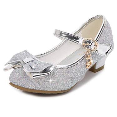 Imagem de Sapatos Cadidi Dinos para meninas sapatos de festa de casamento Salto Mary Jane Princesa Sapatos de flores (Bebê/Criança pequena/Criança grande), Silvery/Ms, 4 Big Kid