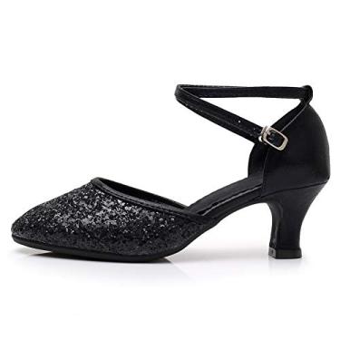 Imagem de ROGMUJEN Sapatos de dança femininos latinos para prática de salão de dança com bico fechado tango salsa vestido de festa sapatos de dança escarpim, Preto - 5,6 cm (2,16 polegadas) salto modl225, 7