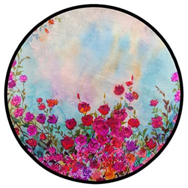 Imagem de Dinarno Tapete de área redonda com pintura de rosas de flores durável tapete redondo lavável tapete redondo antiderrapante tapete para quarto, sala de estar, cozinha, banheiro, decoração de pátio, tapete circular