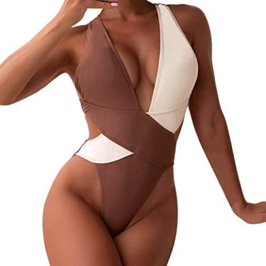 Imagem de Maiô feminino de uma peça, monoquíni grande, com controle de barriga, cintura alta, biquíni de praia atrevido, Café, M