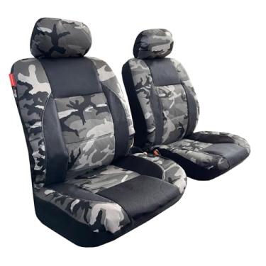 Imagem de MIZHIMI Capas de assento de carro de lona preta e cinza tático camuflado conjunto de capas de assento dianteiras duráveis para caminhões para a maioria dos assentos de balde baixo