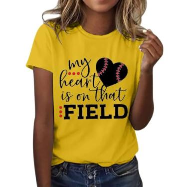 Imagem de Camiseta feminina de verão com estampa de beisebol, gola redonda, manga curta, caimento solto, casual, túnica, Amarelo - A, 3G