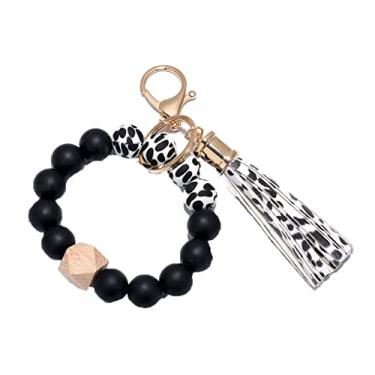 Imagem de Chaveiro de pulso de contas de madeira, couro de silicone, borla, multicolorido, anti-perda, unissex, simples, porta-chaves de casa de carro/302