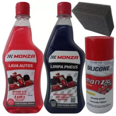 Imagem de Kit Limpeza Automotiva Carro Moto Shampoo Pretinho Silicone Monza Perola