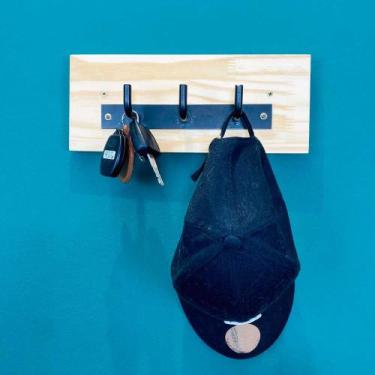 Imagem de Cabideiro de Parede 3 Ganchos Industrial de Ferro e Madeira Natural e 