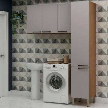 Imagem de Conjunto para Área de Serviço com Armário 2 Portas e Armário Aéreo Washhouse Ébano/Cinza