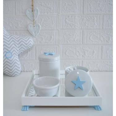 Imagem de Kit Higiene K049 Bandeja MDF Porcelanas Apliques Azul Quarto Bebê - Ci