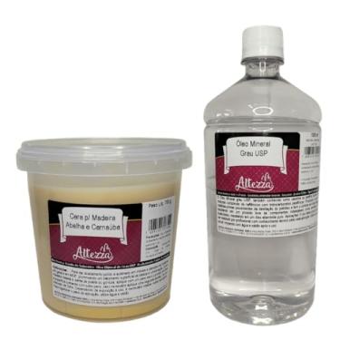 Imagem de Kit Cera Para Madeira de Abelha com Carnaúba 700g + Óleo Mineral Grau USP 1000ml Para Tábua de Carne, Tábua de Corte, Móveis, Gamelas, Utensílios de Madeira, Atóxico, Brilho e Proteção - Altezza