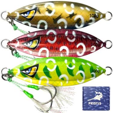 Imagem de Pristis 3 peças de 100 g, iscas de pesca de metal de queda lenta para fundição de longa distância, colher vertical de água salgada de água doce, pesca marítima para atum, garoupa, dente de cachorro,