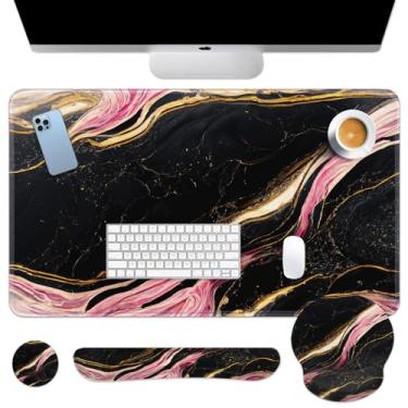 Imagem de Britimes Conjunto de mouse pad de mármore rosa preto dourado tapete de mesa 4 em 1 grande mousepad + teclado descanso de pulso + mouse descanso de pulso + porta-copos design ergonômico para computador