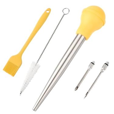 Imagem de Viwehots Baster de peru, lâmpada de silicone de aço inoxidável com 2 agulhas injetoras de marinada e 2 pincéis para cozinhar, fácil de limpar e lavável na lava-louças, cor amarela