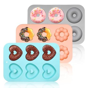 Imagem de Bettoor Forma de donut de silicone em 3 formas, moldes de donut para assar, máquina de rosquinha para 6 donuts, forma antiaderente de donuts, bandeja para fazer bolinhos de cupcake