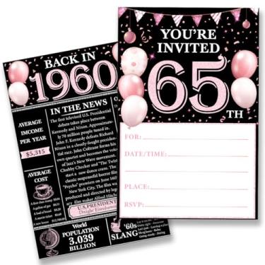 Imagem de QZJ Convites de festa de aniversário de 65 anos para mulheres e homens - Back in 1960 Convites rosa 65 anos conjunto de convites de aniversário para aniversário de aniversário (20 convites e
