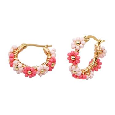Imagem de Sonateomber Brincos de argola de ouro feitos à mão para mulheres e meninas, lindos feitos à mão, pequenas contas de sementes coloridas, flor, boêmia, cartilagem, hipoalergênico, baile, férias,