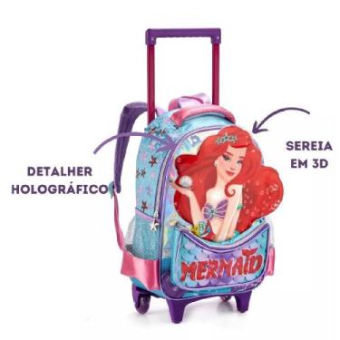 Imagem de Mochila Rodinhas Escolar Infantil Menina Sereia Denlex, Verde