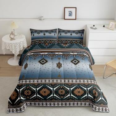 Imagem de Feelyou Conjunto de edredom tribal étnico do sudoeste, tamanho casal, para meninos e meninas, adolescentes, boêmio, respirável, boêmio, conjunto de edredom geométrico, azul